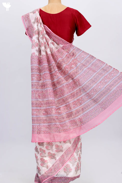 Kota Doria Saree In Floral Block Print